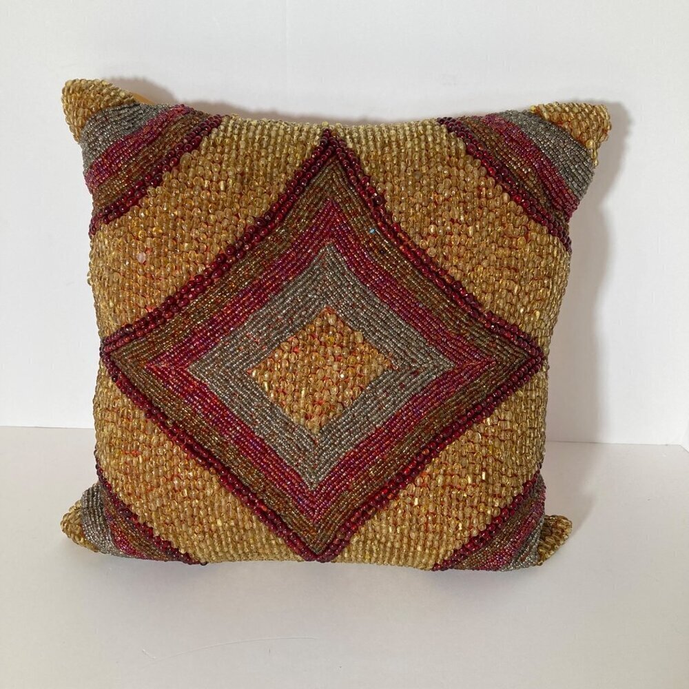 Pier 1 Imports Beaded Luxury Throw Pillow‎ Geometric Red Gold Silver 11 x 11"